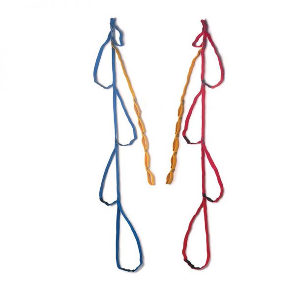 A pair of red and blue ropes hanging on a white background.