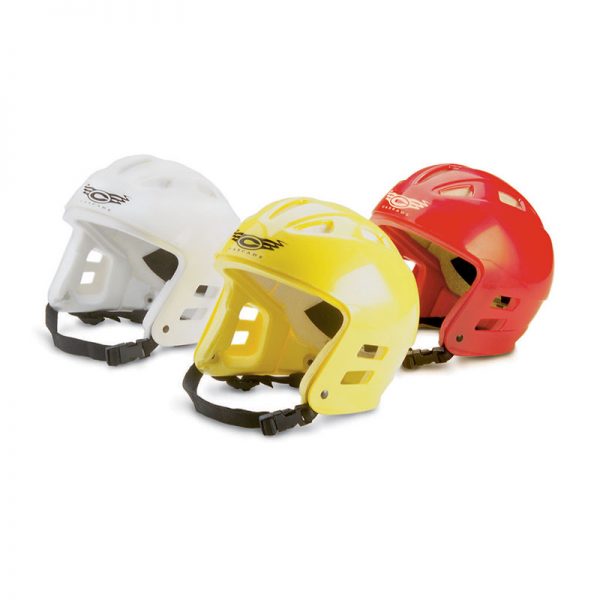 Three different colored helmets on a white background.