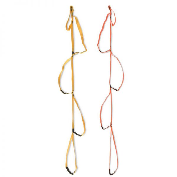 A pair of orange and yellow STRAPS on a white background.