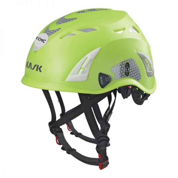 A lime green helmet with a black and white design.