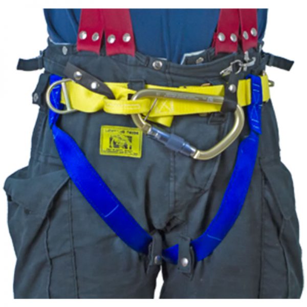A man wearing a Gemtor 541NYC Series Fire Service Harness with a blue and yellow belt.