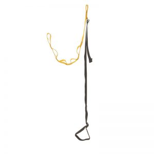 A yellow and black STRAP, CEARLEY RESCUE, CMC hanging on a white background.