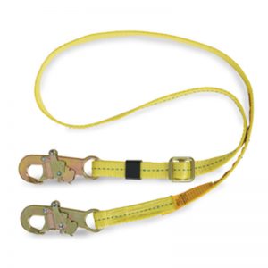 A yellow lanyard with two CARABINERs on it.