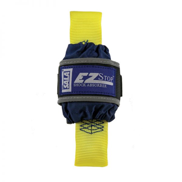 A blue and yellow strap with the word CARABINER, KEY, BLK, CMC stop on it.