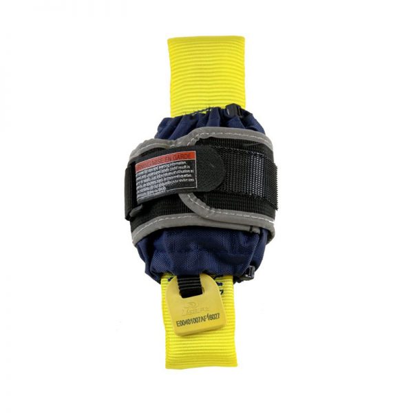 A blue and yellow CARABINER KEY BLK CMC wrist strap with a yellow strap.