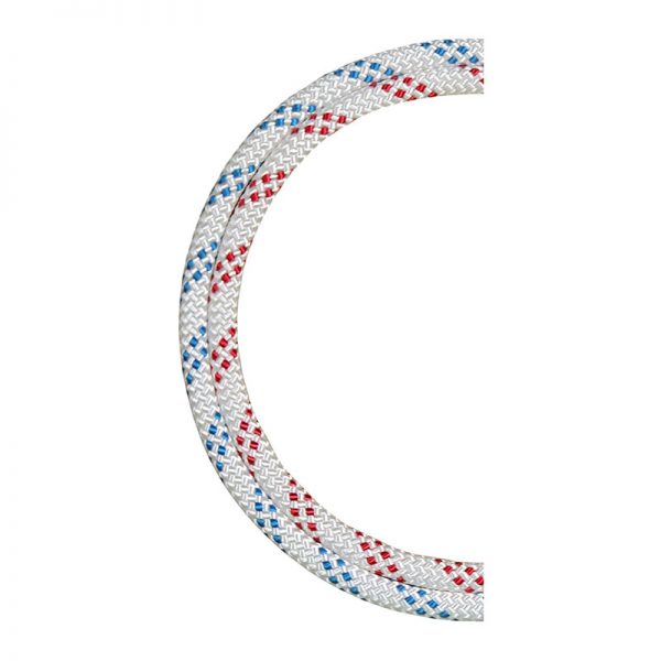 A white and blue rope with red and blue dots.