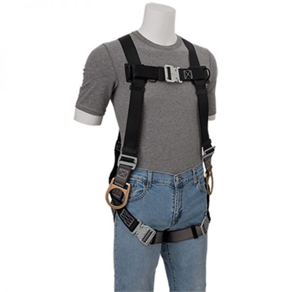 A Gemtor Elite Series Full-Body Harness without Pads - Premium Harness with Quick Connect Buckles wearing a safety harness.