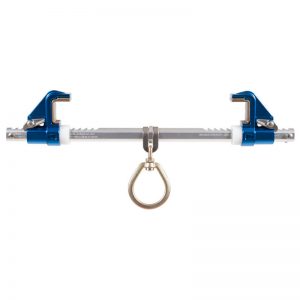 A blue carabiner with a metal ring attached to it.