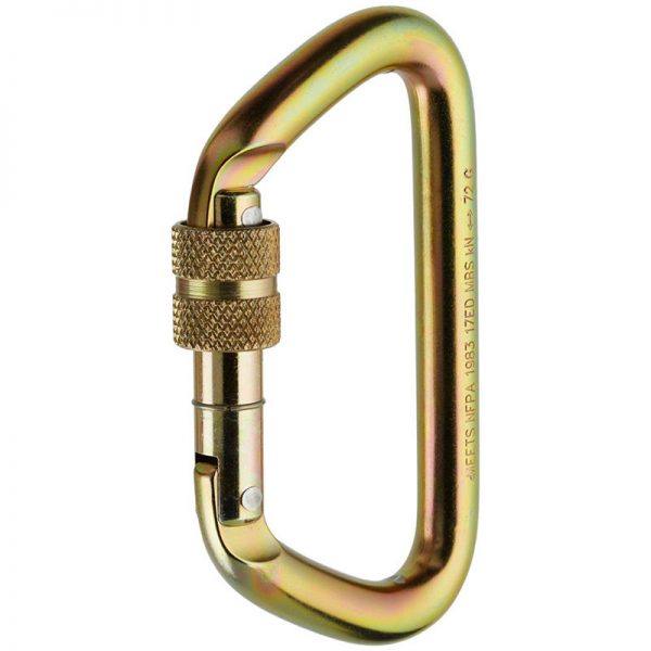 An Omega Standard D 1/2" Steel NFPA Screw-Lok carabiner with a metal handle.