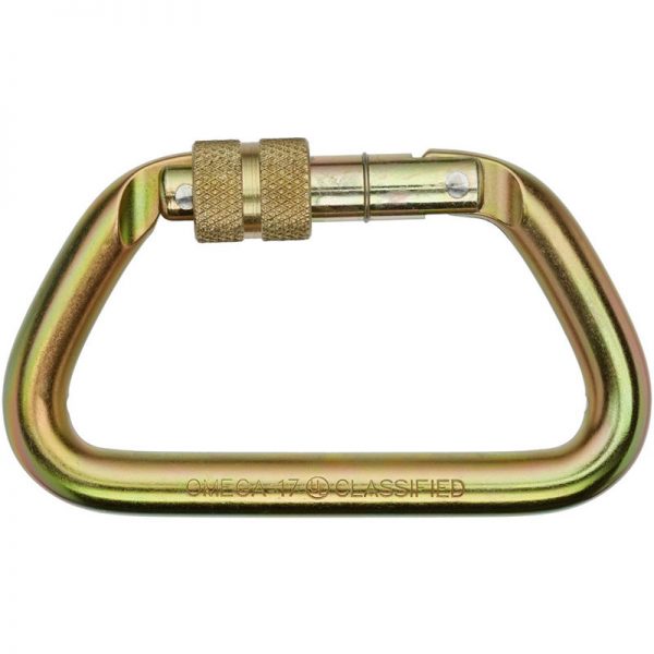 An Omega Standard D 1/2" Steel NFPA Screw-Lok Carabiner with a metal handle.