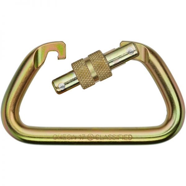 An Omega Standard D 1/2" Steel NFPA Screw-Lok Carabiner with a hook attached to it.