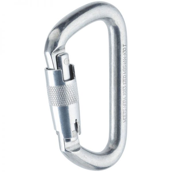 An Omega Standard D 1/2" Steel NFPA Screw-Lok carabiner on a white background.