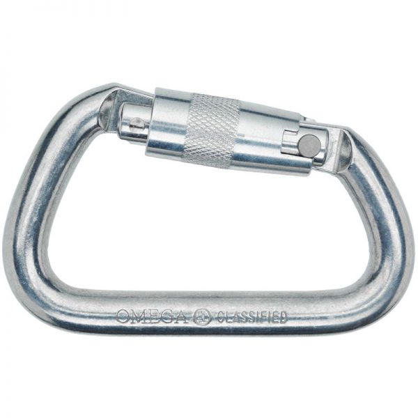 An Omega Standard D 1/2" Steel NFPA Screw-Lok carabiner on a white background.