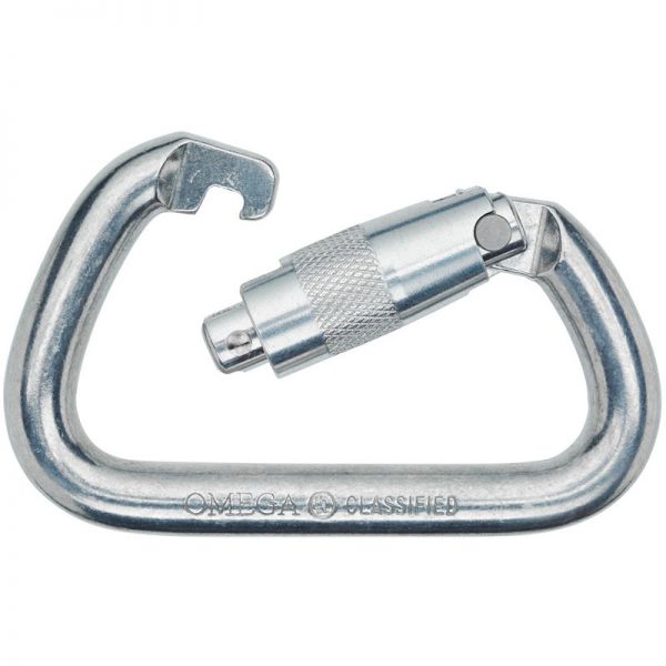 An Omega Standard D 1/2" Steel NFPA Screw-Lok carabiner on a white background.