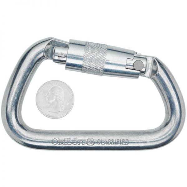 A Omega Standard D 1/2" Steel NFPA Screw-Lok carabiner with a coin.