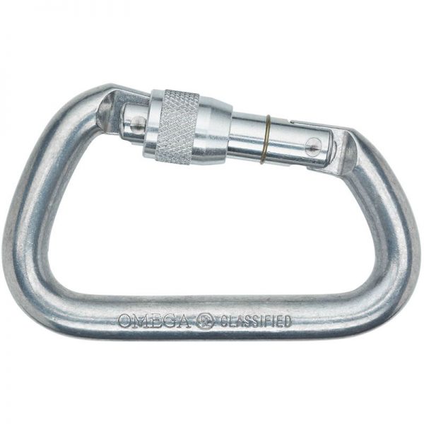 An Omega Standard D 1/2" Steel NFPA Screw-Lok carabiner on a white background.