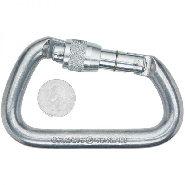 A Omega Standard D 1/2" Steel NFPA Screw-Lok carabiner with a coin.