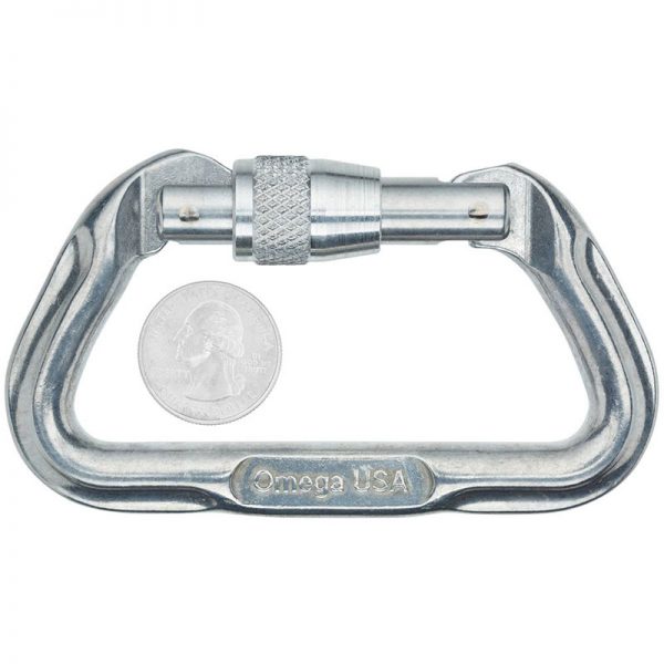 An Omega Standard D 1/2" Steel NFPA Screw-Lok Carabiner with a coin attached to it.