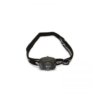 A black headlamp with a white strap.