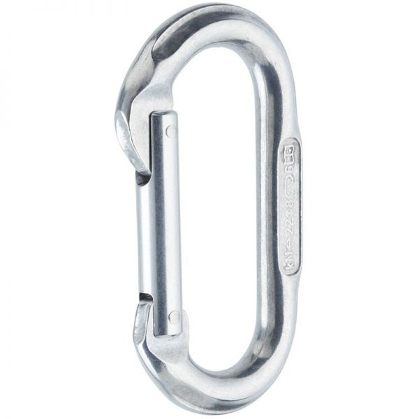 An Omega Standard D 1/2" Steel NFPA Screw-Lok carabiner on a white background.