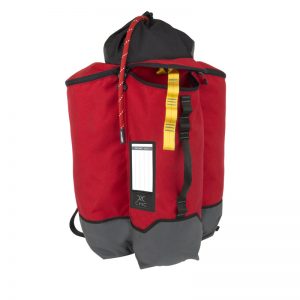 A red and gray backpack with a strap.