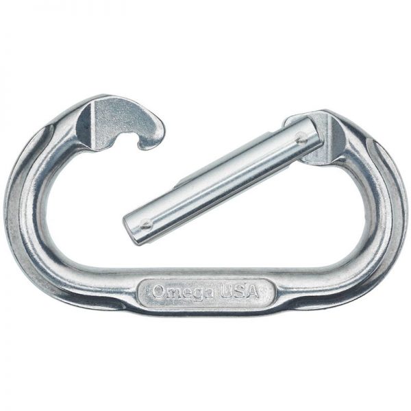 An Omega Standard D 1/2" Steel NFPA Screw-Lok carabiner on a white background.