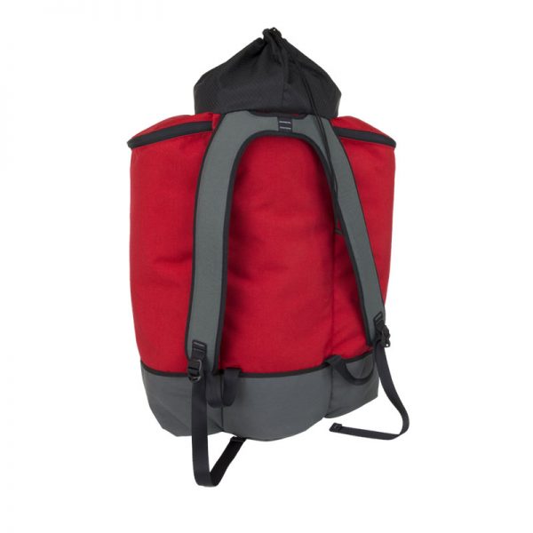 A red and grey backpack.