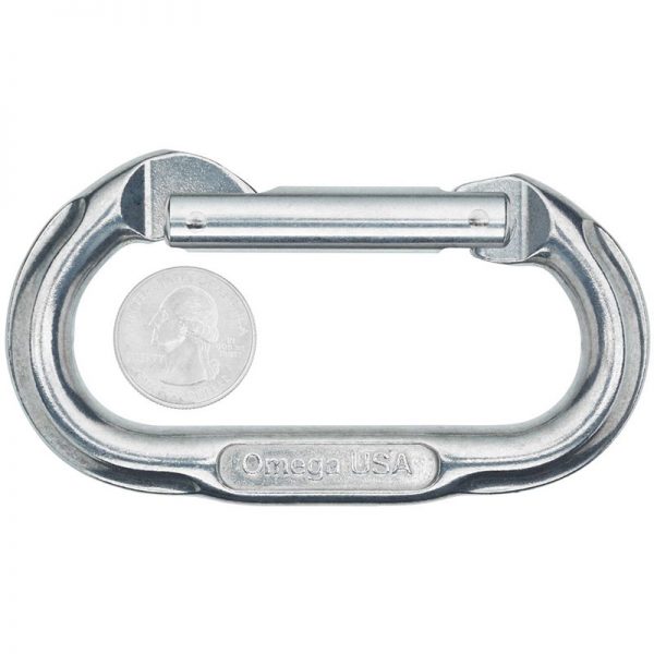 An Omega Standard D 1/2" Steel NFPA Screw-Lok Carabiner with a coin on it.