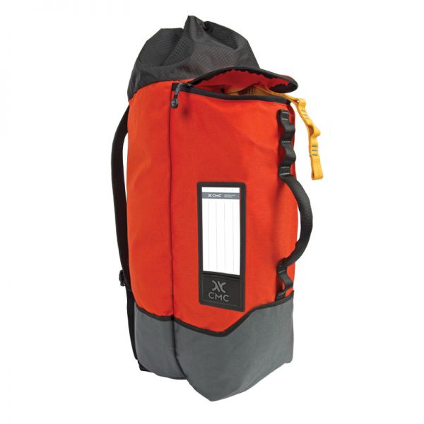 A red and gray backpack with a handle.
