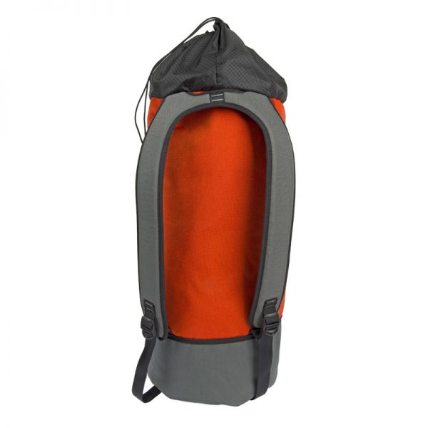 An orange and grey backpack with a strap.