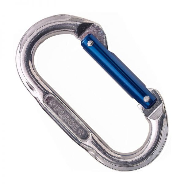 An Omega Standard D 1/2" Steel NFPA Screw-Lok Carabiner with a blue handle on a white background.