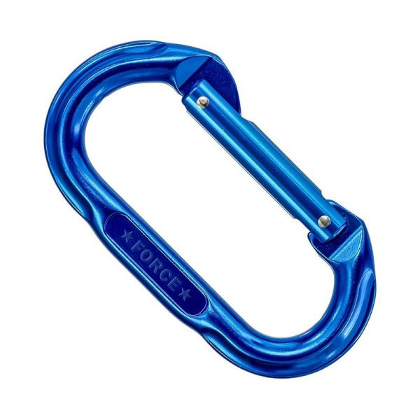 A blue Omega Standard D 1/2" Steel NFPA Screw-Lok Carabiner on a white background.