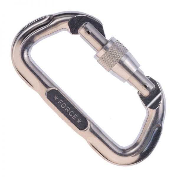 An Omega Standard D 1/2" Steel NFPA Screw-Lok carabiner on a white background.