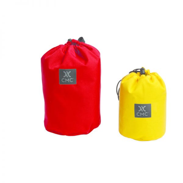 Two yellow and red bags on a white background.