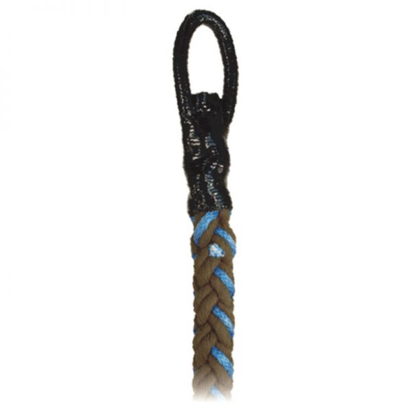A braided rope with blue and brown accents.