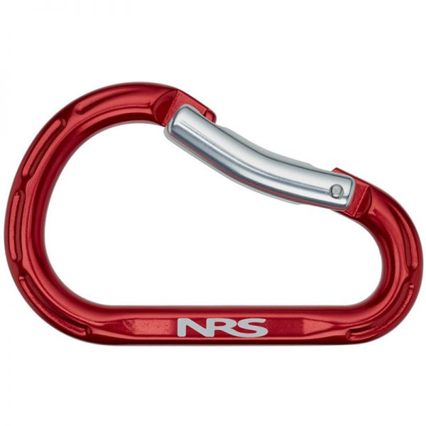 A red Omega Standard D 1/2" Steel NFPA Screw-Lok Carabiner with the word nrs on it.