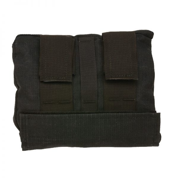 A black pouch with two straps on it.