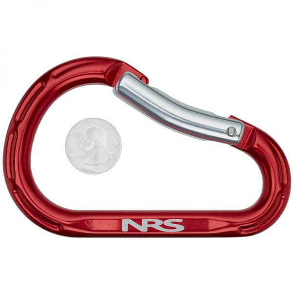 A red Omega Standard D 1/2" Steel NFPA Screw-Lok Carabiner with the word nrs on it.