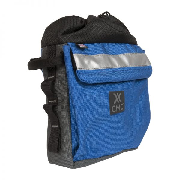 A blue and black bag with a zipper.