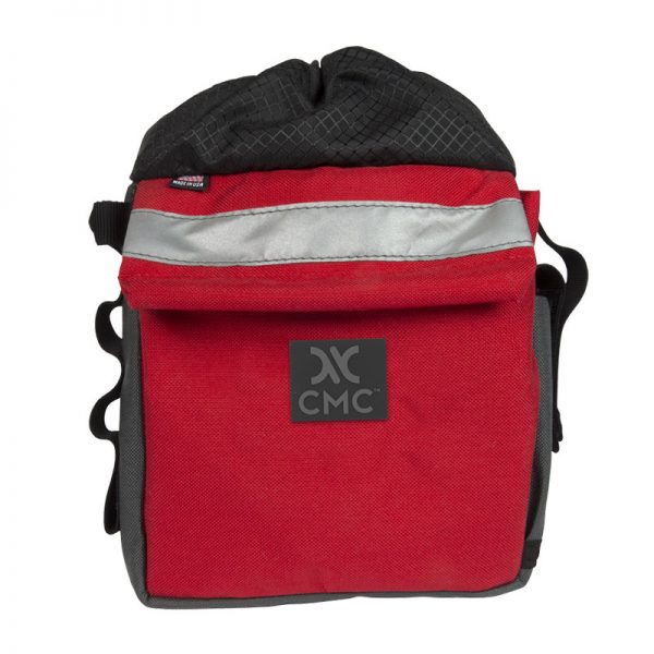 A red and black bag with the word cmc on it.