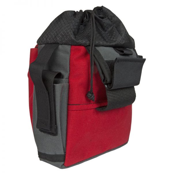 A red and gray tool bag on a white background.