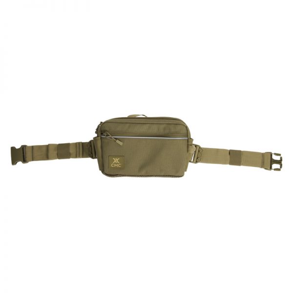 A khaki waist bag with an adjustable strap.