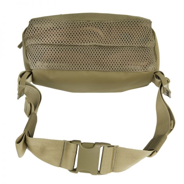 A tan fanny pack with mesh straps.