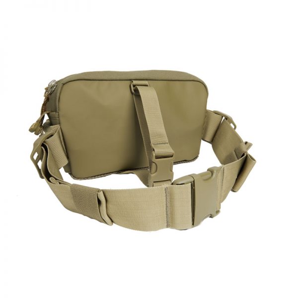 A khaki waist bag with an adjustable strap.