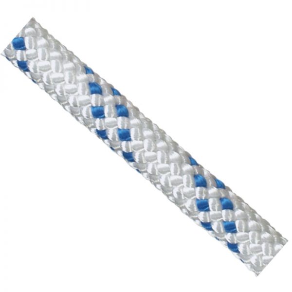 A white and blue rope on a white background.