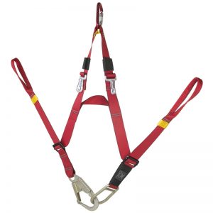 A red safety harness with two STRAPs and a hook.