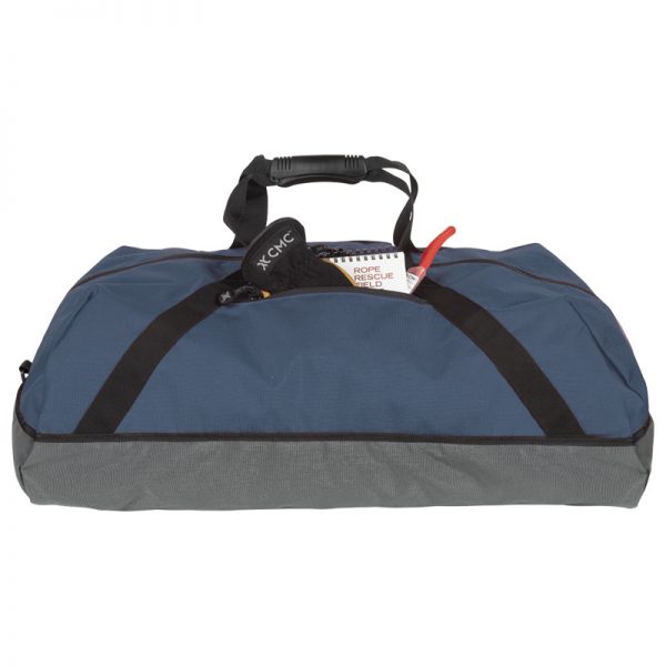 A blue and gray duffel bag with a handle.