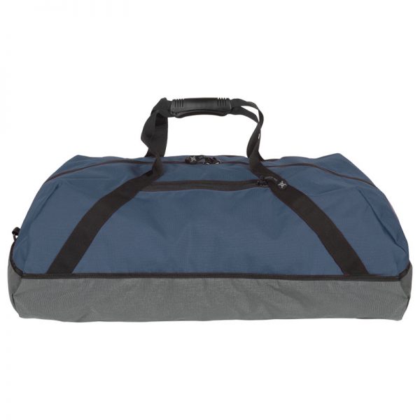 A blue and gray duffel bag on a white background.