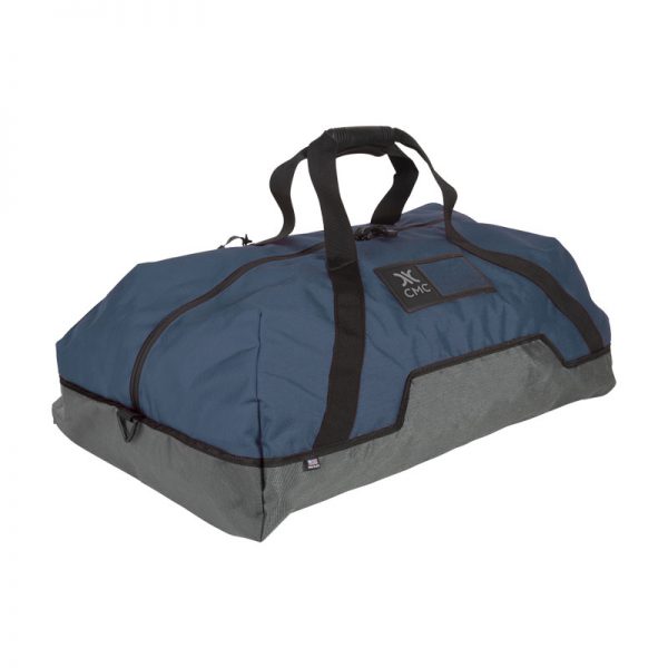 A blue and gray duffel bag on a white background.