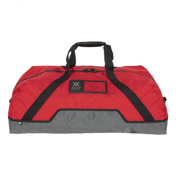 A red and gray duffel bag on a white background.